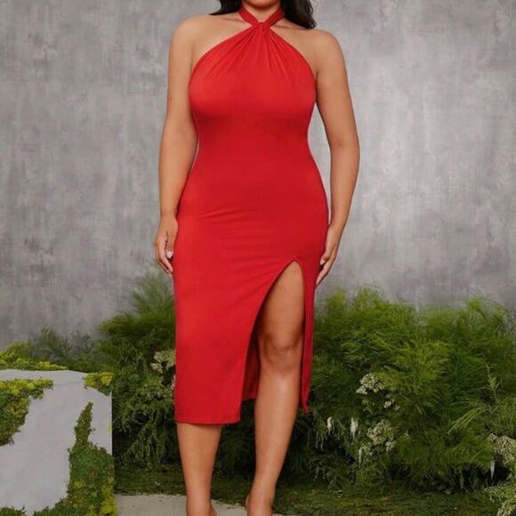 Anitta Plus Halter Tie Backless High Split Red Dress Knee Length - Picture 1 of 5